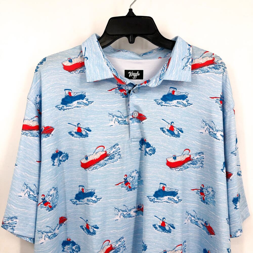 WAGGLE Mens Lake Life Golf Polo Shirt 2XL XXL Blue Print Short Sleeve NWT - Picture 4 of 11
